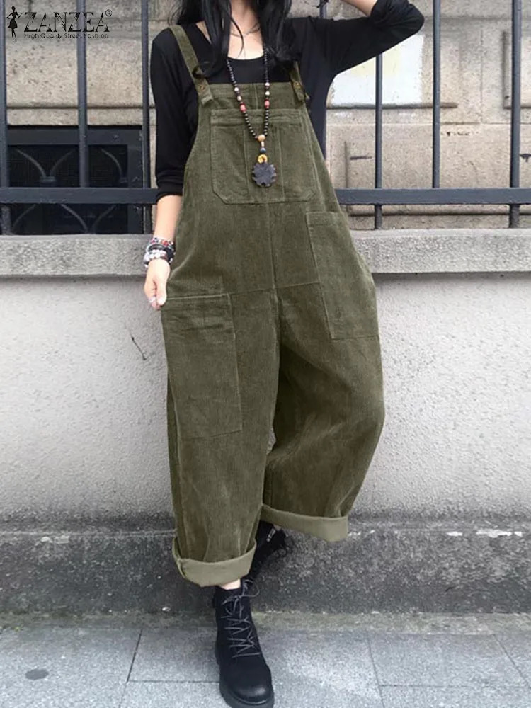 Winter Autumn Corduroy Jumpsuits Women Pants ZANZEA Casual Suspender Fashion Wide Leg Playsuits Rompers Streetwear Trouser 251029