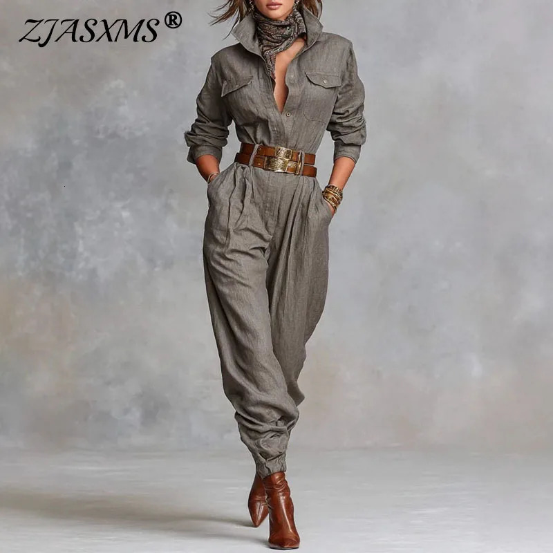 Retro Solid Color Button Lapel Shirt Jumpsuits Woman Fashion High Waist Slim Bodysuits Romper Autumn Long Sleeve Pocket Overalls 251029
