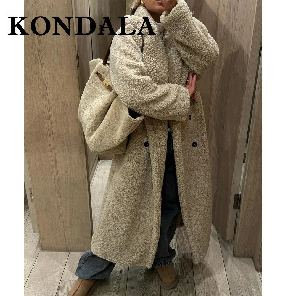 KONDALA Winter Women Casual Solid Coat Double Breasted Fleece Loose Fit Long Vintage Oversized Jacket 251028