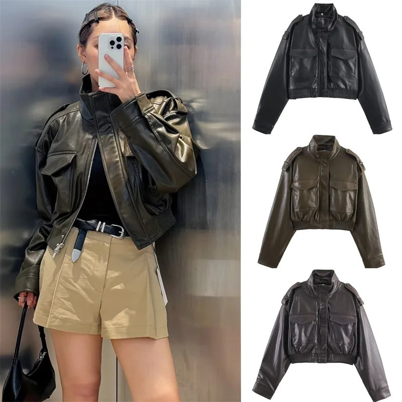 Womens Jacket Fall 2025 Dark Green Long Sleeve Faux Leather Short Jacket Biker Style Casual Fashion Personality 251029