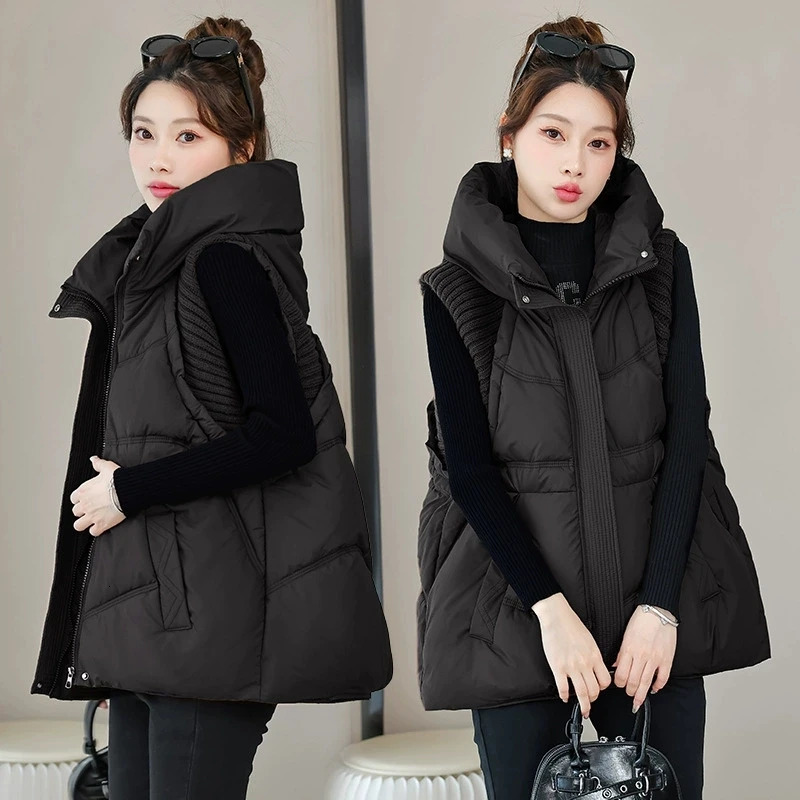 Down Cotton Vest Women Autumn Winter Knitted Stitching Hooded Sleeveless Casual Cottonpadded Jacket Waistcoat Ladies Tops 251027