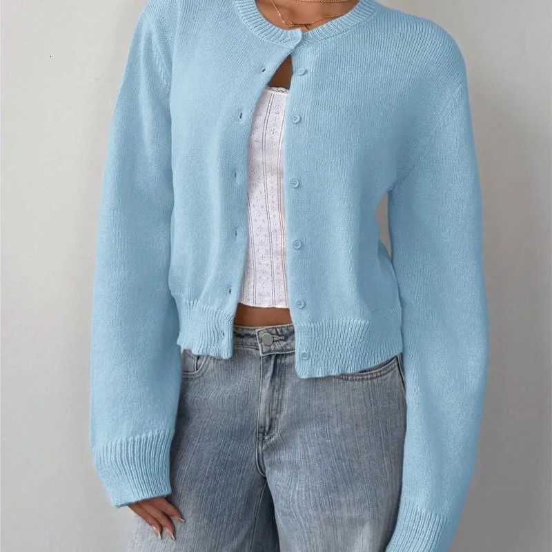 Autumn Winter Round Neck Threaded Long Sleeved Button Womens Cardigan Jacket Sweater Short Leisure Loose Solid Color TopT251028