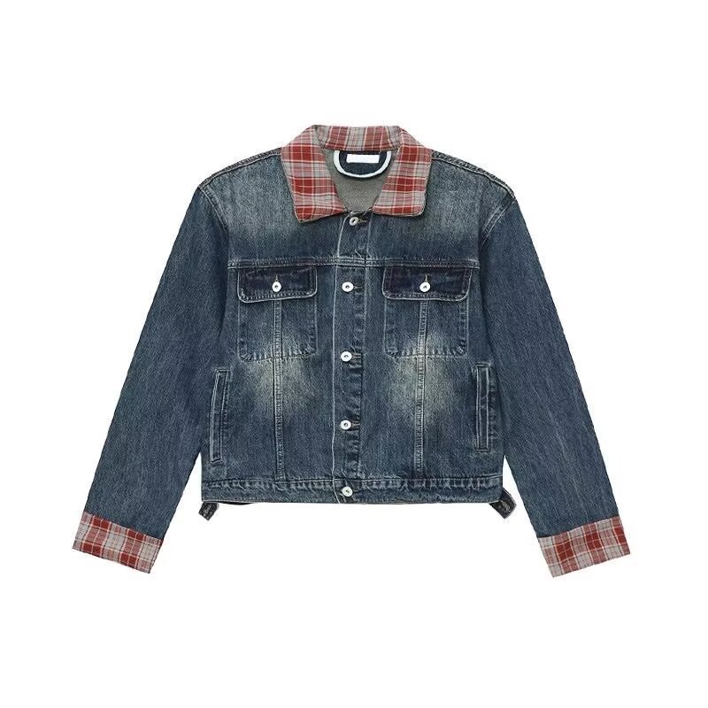 American Style Plaid Color-block Collar Denim Jacket For Men National Trend High Street Design With Shoulder Pads Cool Short Designer Jacket Turndown 