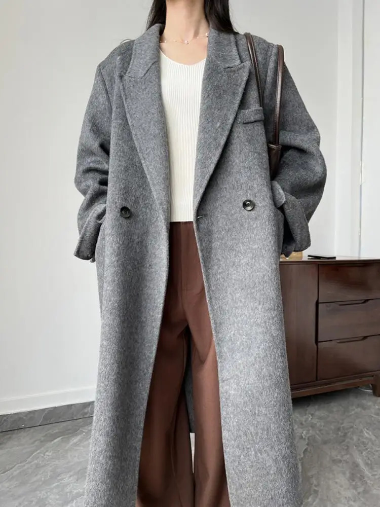 Office Lady Woolen Jackets Autumn And Winter Suit Collar Double Breasted loose Long Womens 100 Wool Coats 251028