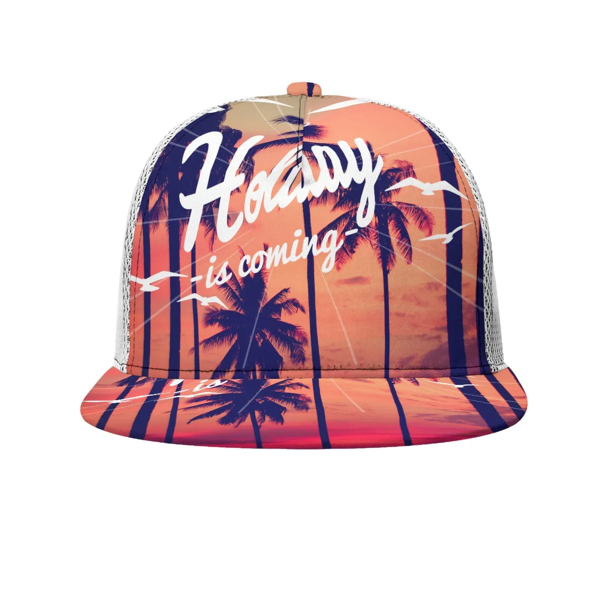 All-Over Print Flat Brim Mesh Cap with Black Buckle | Adjustable Unisex Baseball Hat | 100% Polyester Lightweight Design | Includes Box