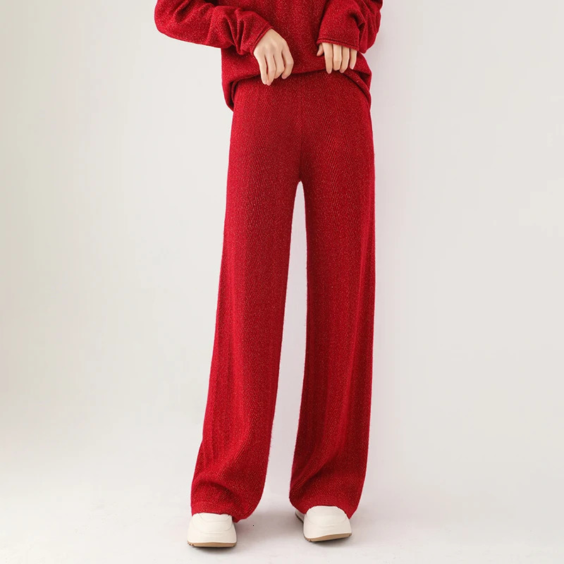 Women Wool Wide Leg Pants Elastic Waist Threaded Pattern Trousers Autumn Winter 100 Merino Knit Soft Warm 251029