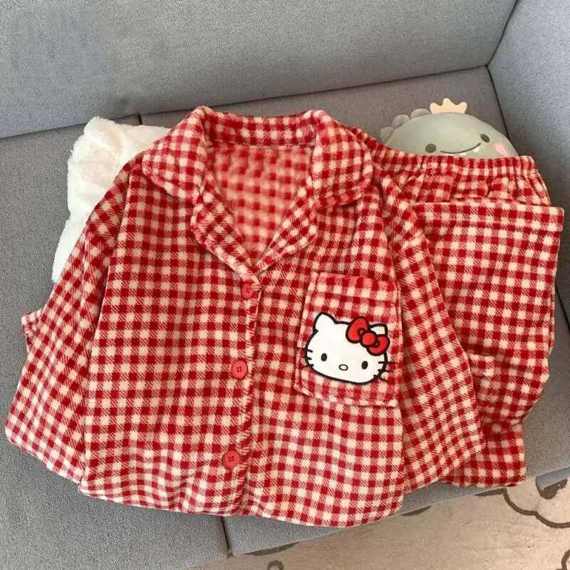 New Chikawa Flannel Thickened Winter Usagi Long Sleeved Pajama Pants Set for Women Plus Velvet Cute Blue Hachiware Home ClothesT251029