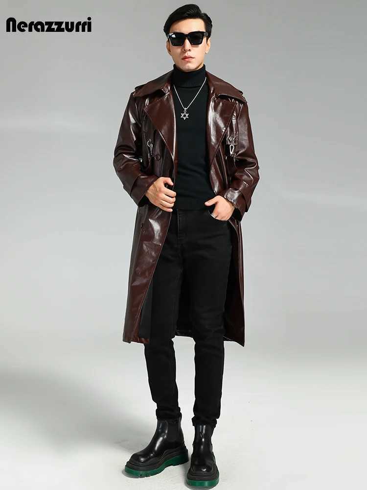 Nerazzurri Autumn Oversized Cool Brown Long Pu Leather Trench Coat Men Double Breasted Luxury Designer Punk Syle Clothes 2023T251029