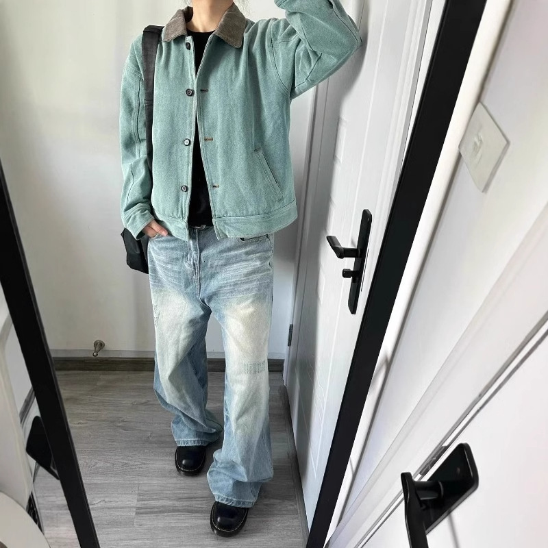 Trendy Right Shoulder Jacket Men Peacock Green Short Autumn Winter Washed Vintage Turn-down Collar Color-blocking Workwear Designer Jacket Jacket Soft