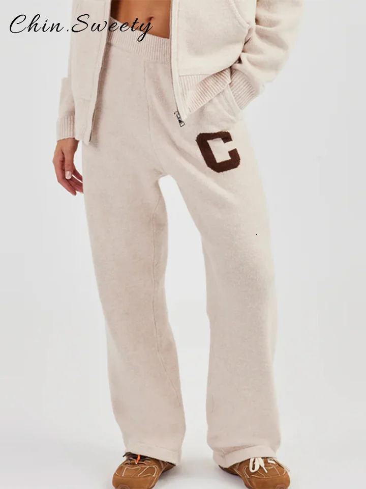Casual Womens Knitted Hooded Tracksuit Sets Loose Full Sleeve Zipper Pockets Jacket Straight Pants Autumn Winter Lady Suit 251028