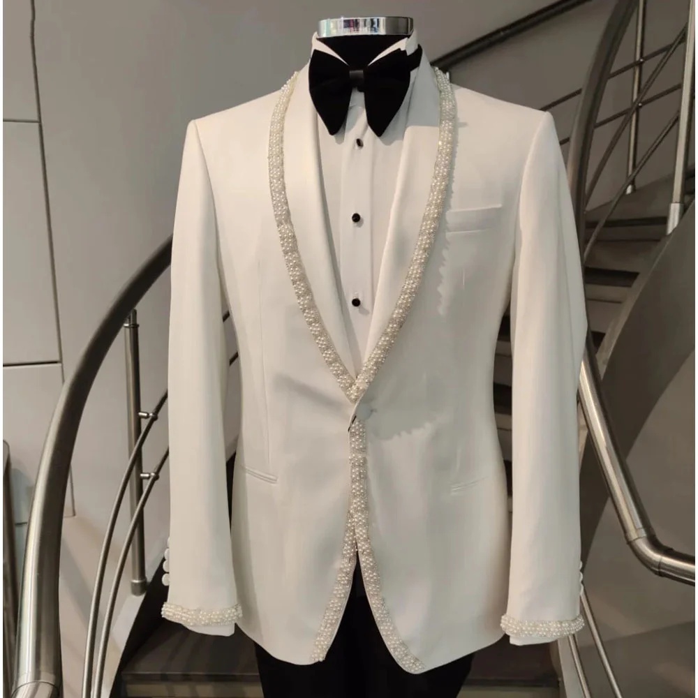Elegant Man Tuxedos Pearls 2 Piece Set Jacket Pants Men Suit Exquisite Shawl Lapel Evening Wedding Groom Coat Customized