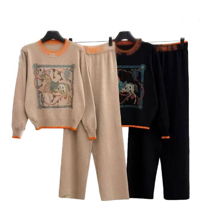 two piece pants set women designer sweater Wide leg knitted pants sets rhinestone horse pullover sweaters for womens tracksuit MES688
