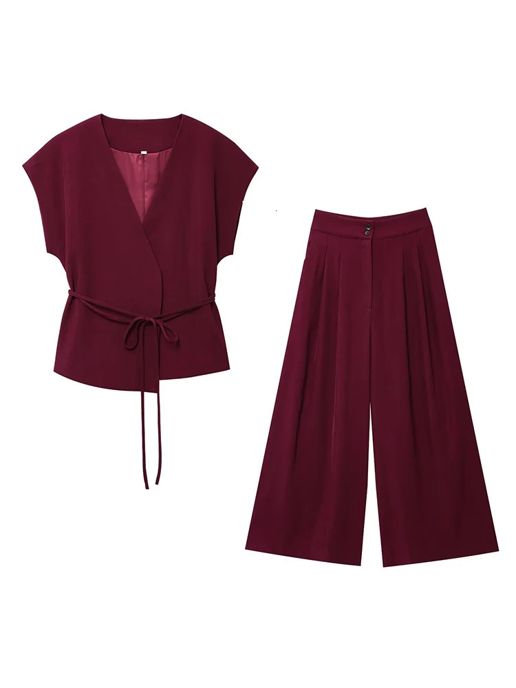 TFMLN Fashion Womens Trouser Suits Sleeveless VNeck Top With Belt Straight Pants Sets 2025 Spring Summer 2 Piece Set 251013