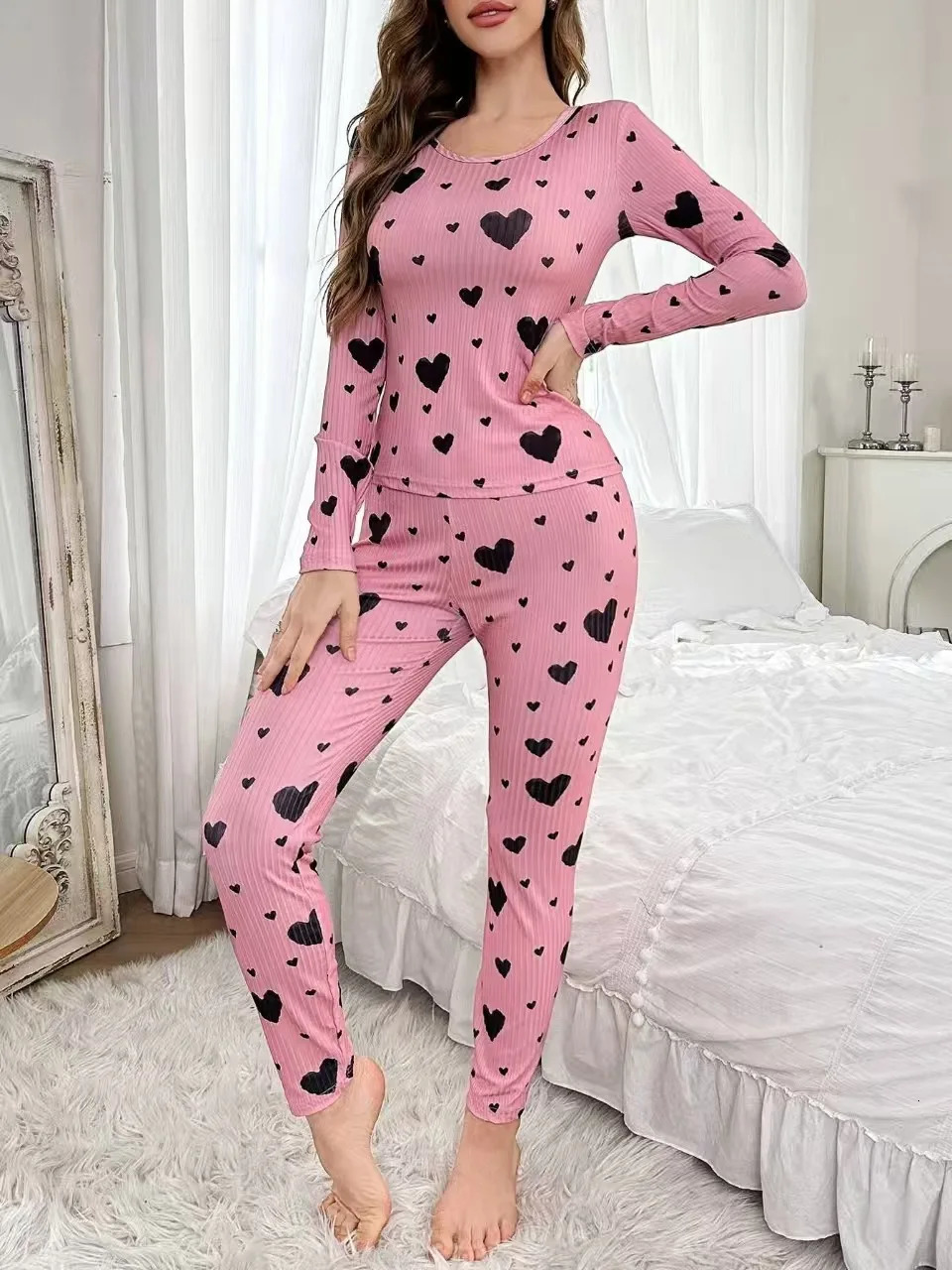 Womens Autumn Winter Pyjama Set Heart Print Long Sleeve Tshirt and Pants Loungewear Female Sleepwear 251029