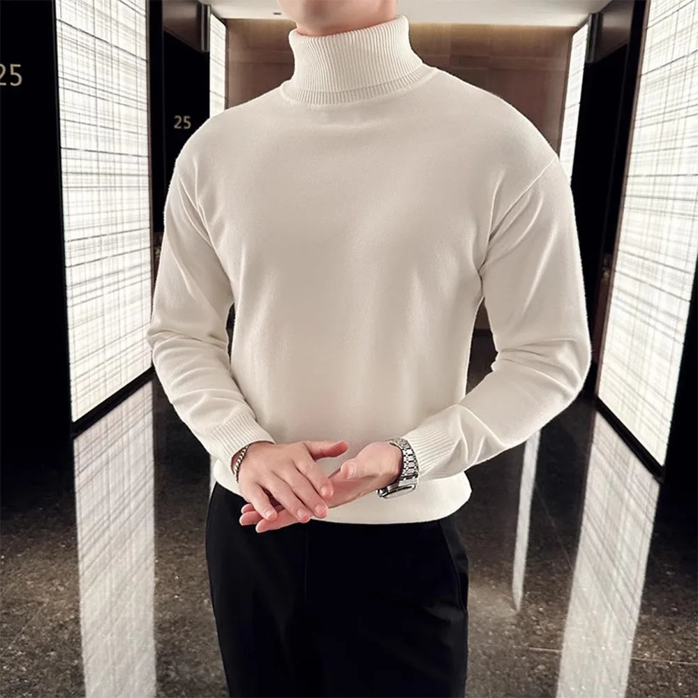 Korean Fashion Autumn Winter Sweaters Men Pullovers Fleece Turtleneck Knitted Sweatshirt Warm Bottoming Shirts 251029