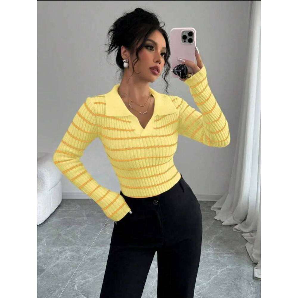 Miyouj Stripe Pullover Sweater New Underlay Clothes Women's Autumn Underwear Slim Style Popular V-Neck Sweaters