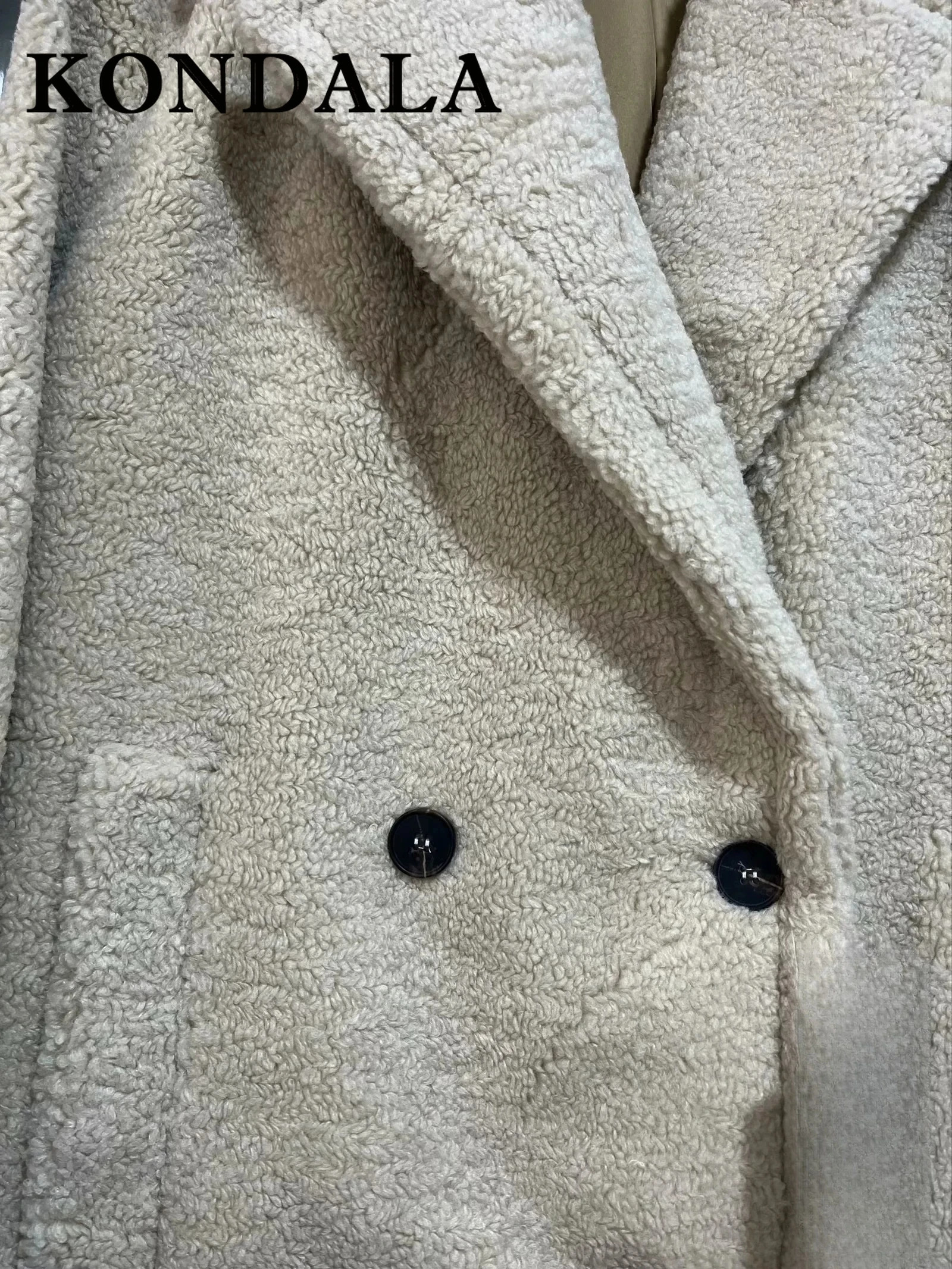 KONDALA Winter Women Casual Solid Coat Double Breasted Fleece Loose Fit Long Vintage Oversized Jacket 251028