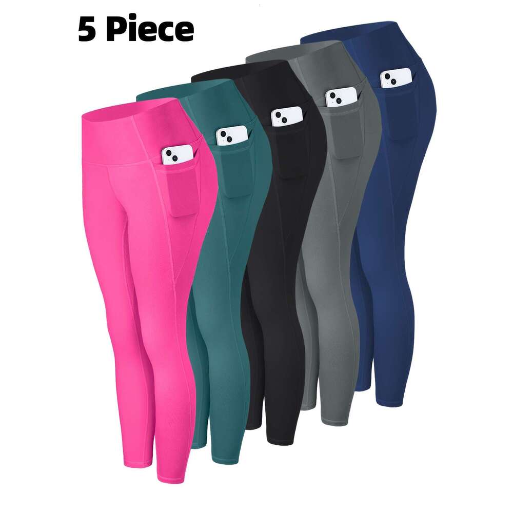 5pcs Multi-Color Pack Maroon/Blue/Black/Olive Women's High-Waisted Leggings with Side Pockets - Non-See-Through & Pants, Stretchy Cropped Bottoms