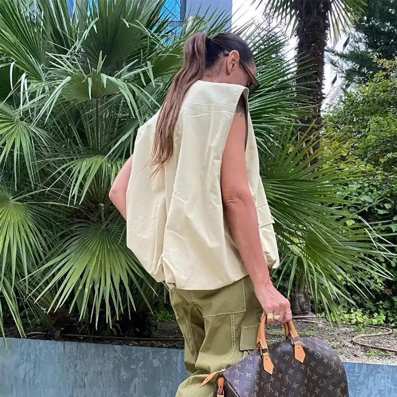 MUJER Ruched Sleeveless Vest Women Zip Loose Summer Vests for Women Streetwear Womens Jackets Holiday Casual Vest Top Women 251029