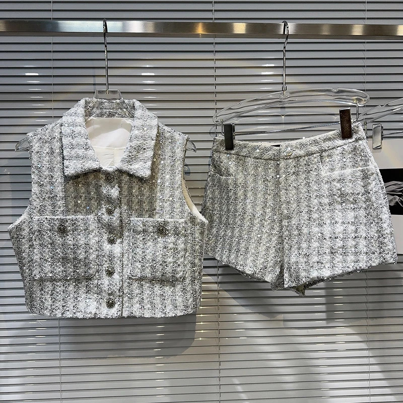 French Singlebreasted Sequined Woven Short Vest Women Diamondencrusted Shorts Twopiece Set Temperament Socialite Party Sets 251029
