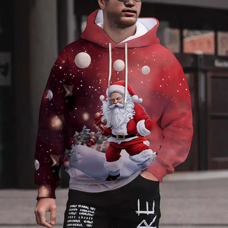 Mens Womens Christmas Father Christmas Elf Print Hoodie Casual Long Slve Sweatshirt with Pockets