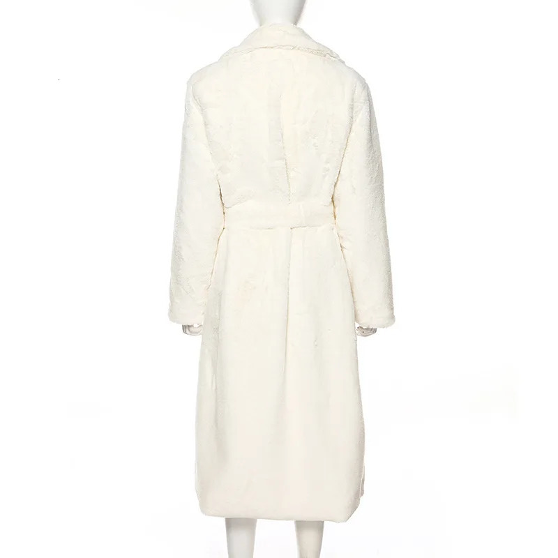 Long Faux Fur Coat Women Long White Fluffy Warm Maxi Coat Hood Lapel Sashes Loose High Waist Jackets 2025 Outerwear Jacket 251029