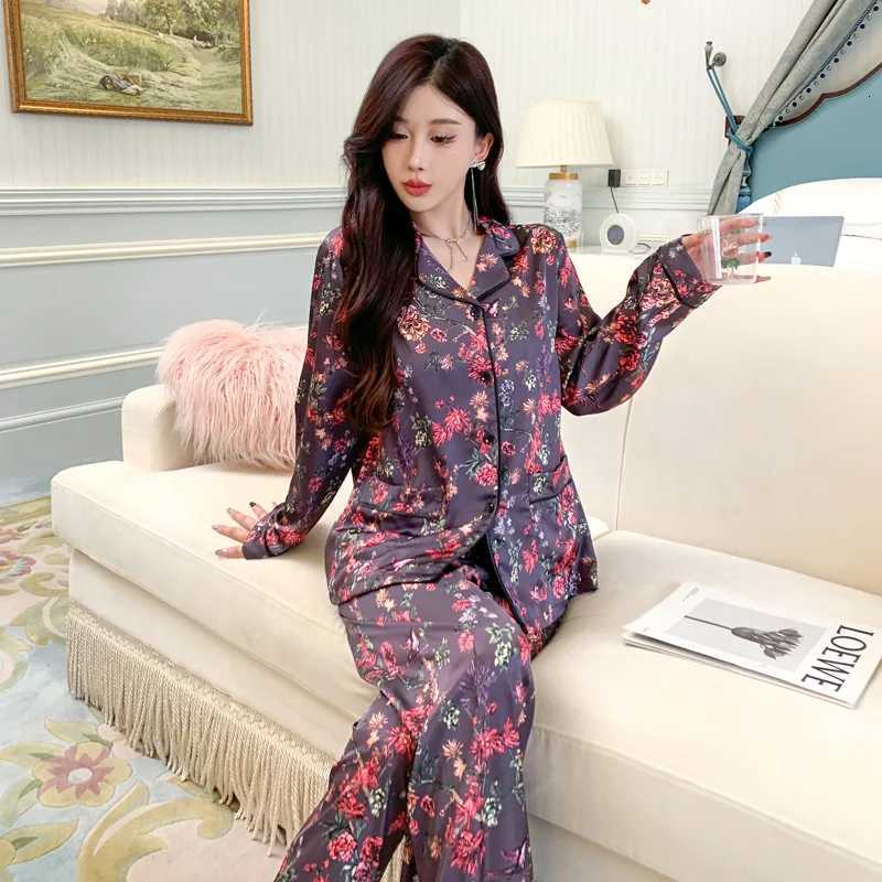 Womens Silk Pajama Set Satin Sleepwear Long Sleeve Top with Pants 2Piece Loungewear Pj Suit Pyjama for Comfortable NightwearT251029