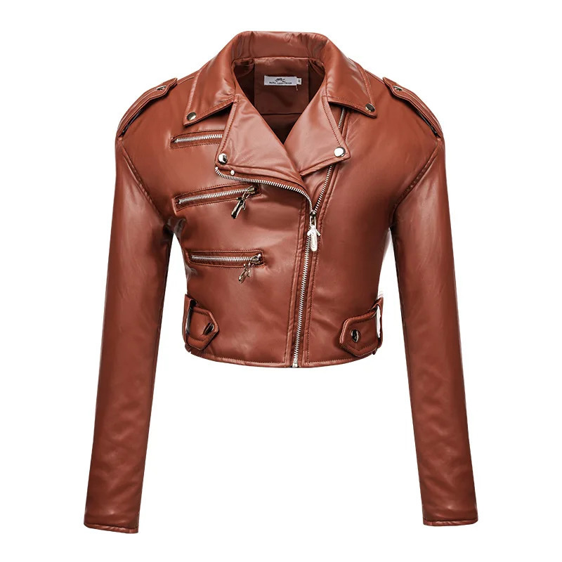 Women slim short leather jacket plus cotton high waist long sleeve lapel diagonal zipper leather jacket pu motorcycle suit 251029
