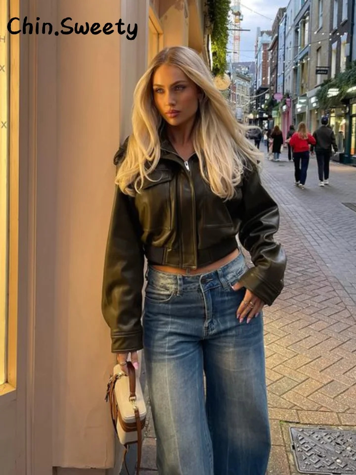 Street Vintage Pockets Cropped Leather Jacket Women Loose Stand Collar Long Sleeve Zipper Coat 2025 Autumn Lady Chic Outwear 251029