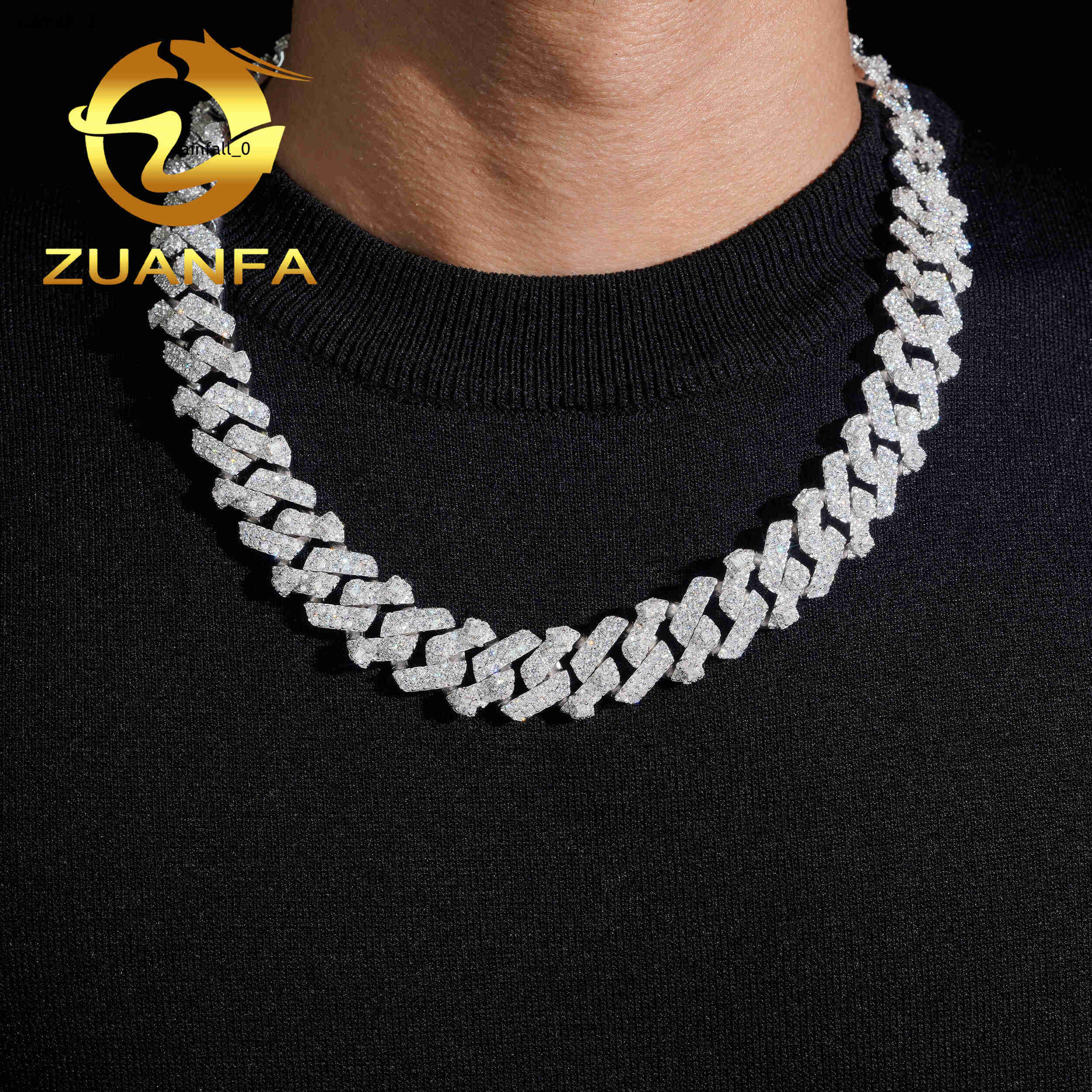 Emerald Cut Moissanite Pass Diamond Test Cuban Chain Gold Plated 925 Sterling Silver Hip Hop Iced Out18mm 2row Cuban Link Chain