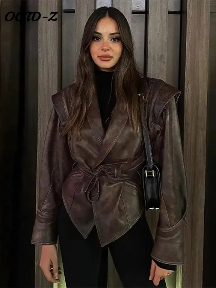 Faux Leather Brown Women Jackets 2025 Belt Lace Up Lapel Female Coat Vintage Casual Autumn One Button Long Sleeve Lady Outwear 251029