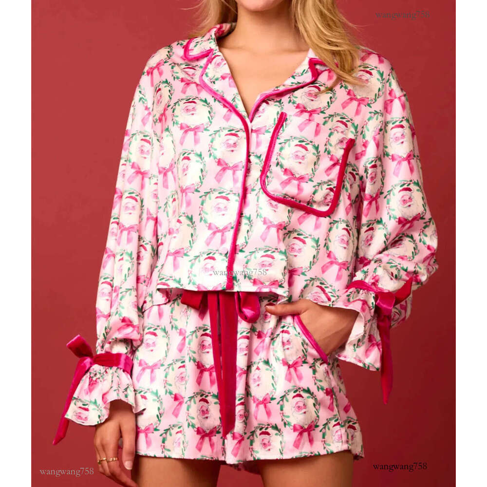 Hirigin Women 2 Piece Christmas Pajamas Set Bow Tie Long Sleeve Button Shirt Ruffle Shorts Colorful Print Pjs Sets Sleepwear 241112