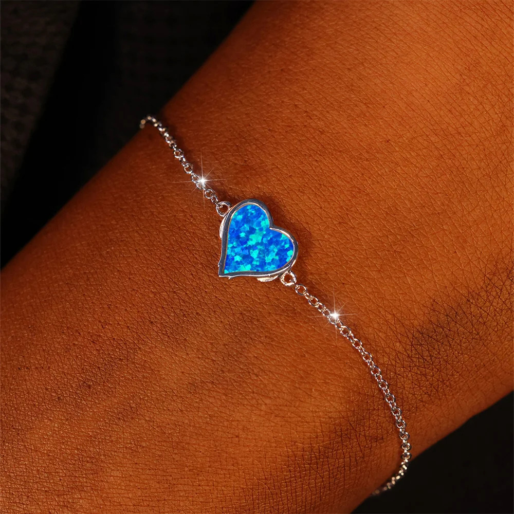 Romantic Love Heart Stone White Blue Fire Opal Chain Bracelets For Women Real 925 Sterling Silver Wedding Jewelry Valentine Gift 251024