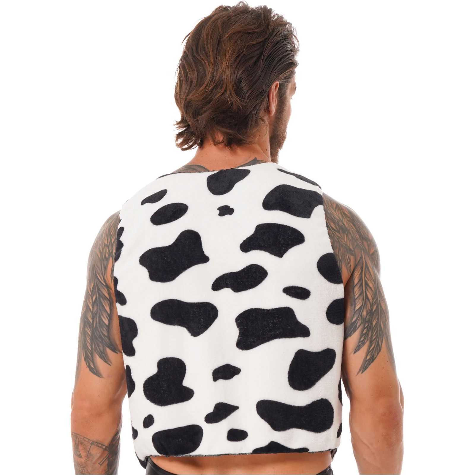 Men Cow Print Open Front Coat Jacket Vest Halloween Festival Hippie Costume Cowboy Cardigan Cosplay Party Fancy Dress Up W251029