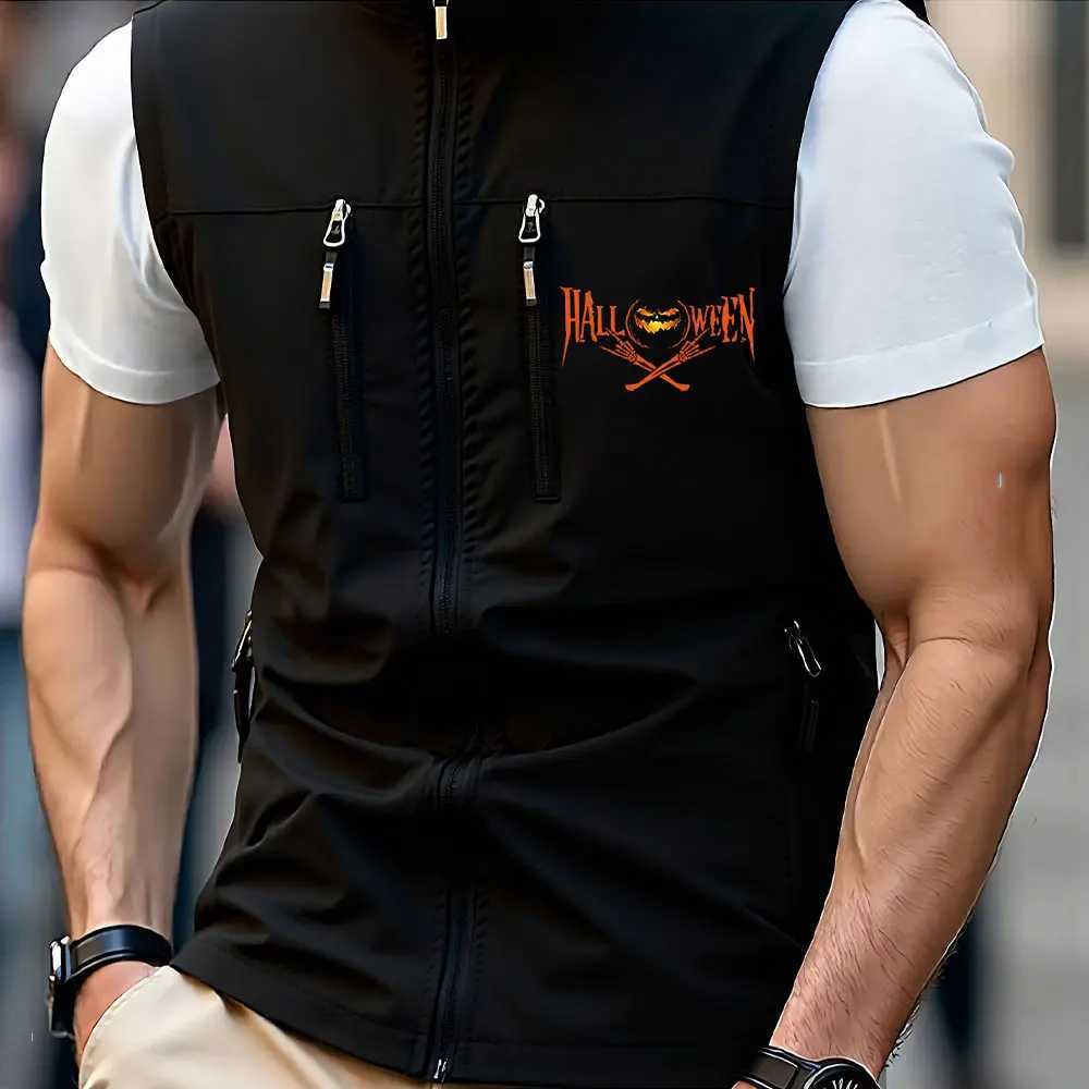 Mens Vest Coat Pumpkin Head Prints Multiple Zipper Pockets Sleeveless Windproof Outwear Windbreaker for Hiking W251029