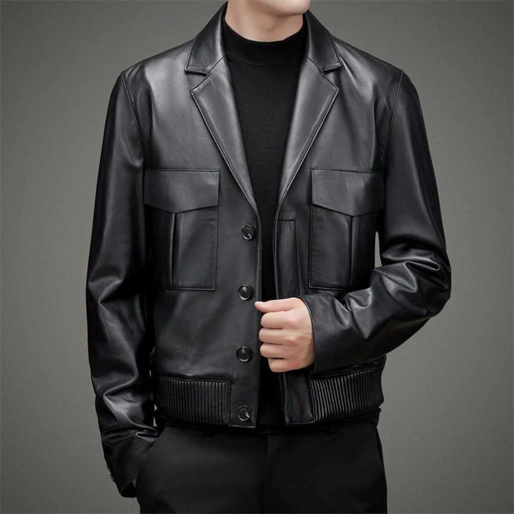 Mens Y2k Leather Jacket Autumn Winter New Suit Collar Short Leather Jacket Casual Fashion AllMatch Trend Motorcycle Top CoatT251029