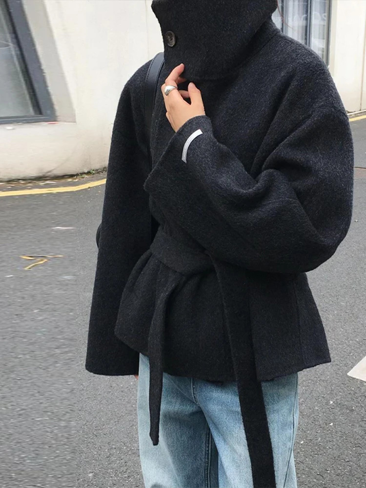 Elegant Womens Belt Stand Collar Woolen Coat Chic Single Breasted Full Sleeve Jacket 2025 Autumn Winter Lady Commute Streetwear 251029