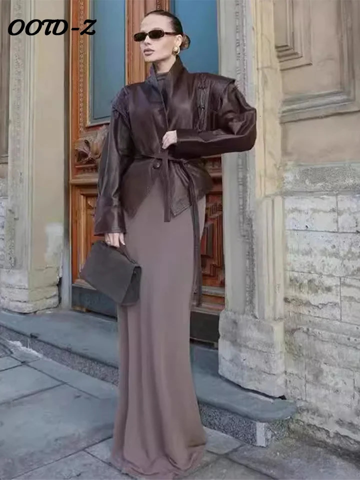 Faux Leather Brown Women Jackets 2025 Belt Lace Up Lapel Female Coat Vintage Casual Autumn One Button Long Sleeve Lady Outwear 251029