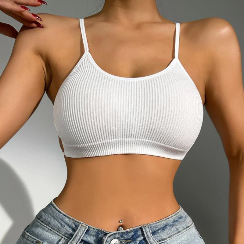 Bras Women's Ribbed Spaghetti Strap Sports Bra, Seamless Crop Top Bralette, Comfortable Casual & Gym Wear with Open Back Design