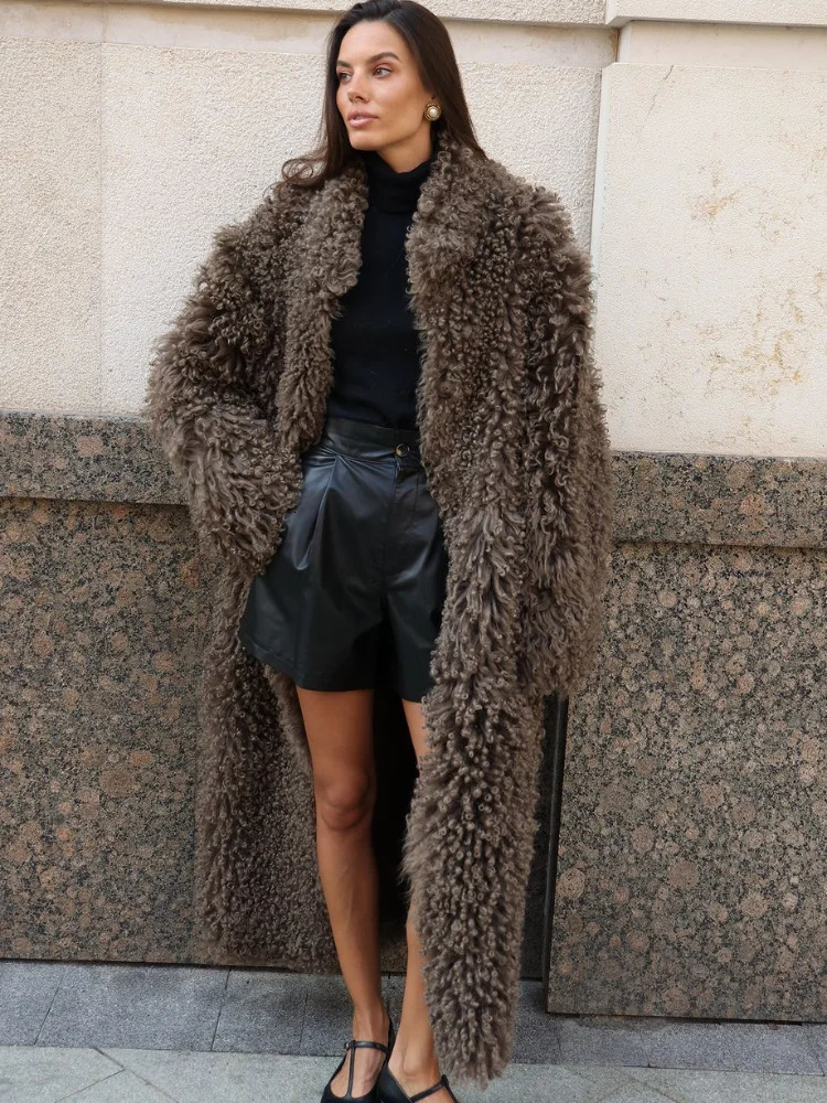 Women Solid Lamb Fur Long Coat Elegant Fashion Lapel Full Sleeve Warm Coats Lady Chic High Street Casual Winter Outerwear 2025 251029