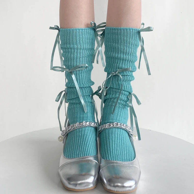 Ballet Style Multi Bowknot Womens Socks Fashion Cotton Elastic High Tube Female Sock Sweet Lolita Bow Calf Socks Solid Colors 251029
