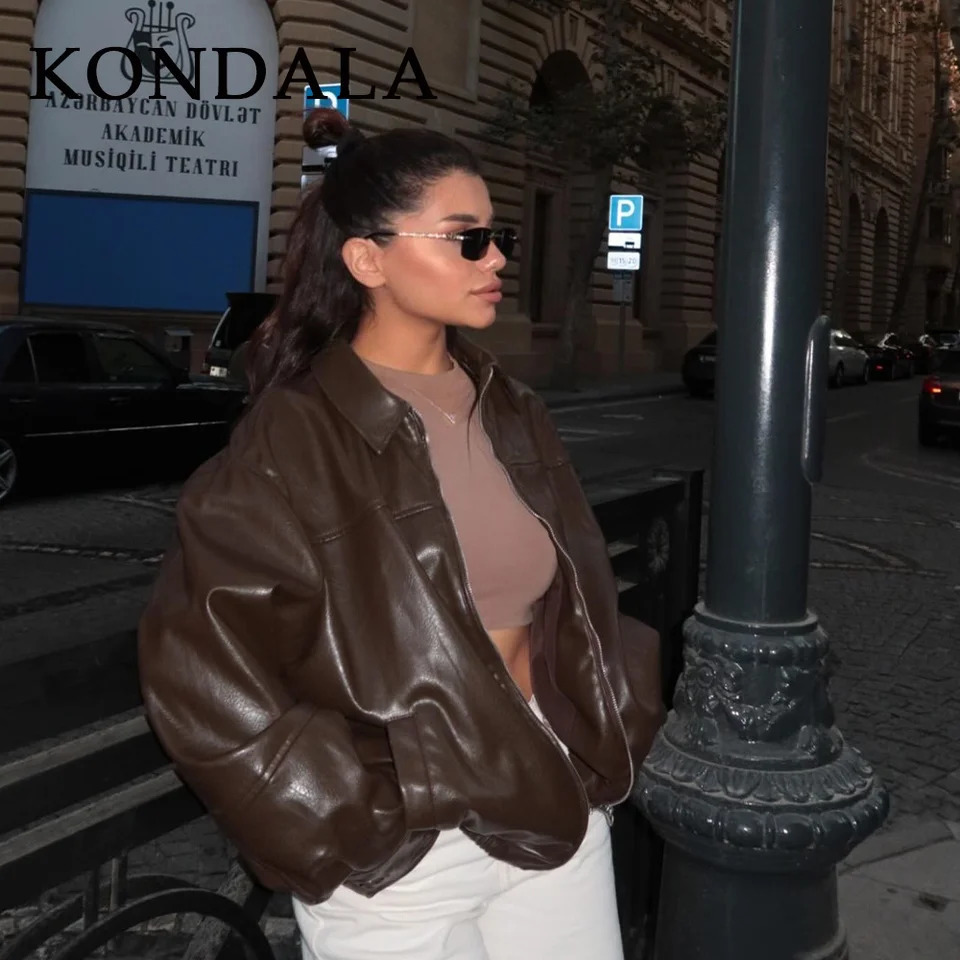 KONDALA 2025 Fall Winter Brown Business Casual Faux Leather Women Jackets Chic Vintage Spliced Zipper Christmas Ladies Jackets 251029