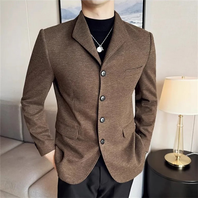 Autumn Winter High Quality Thick Woolen Blazers Men Solid Color Smart Casual Suit Coats Mens Fashion Turn Down Collar Blazer 251028