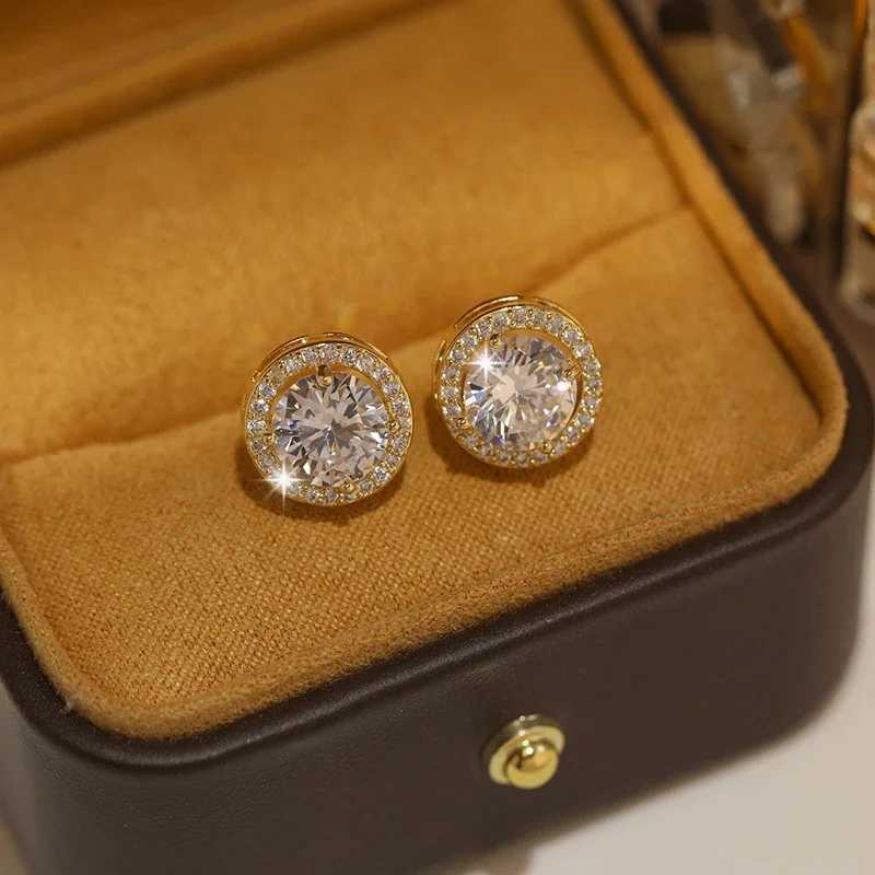 Luxury Crystal White Zircon Stud Earrings Simple Yellow Gold Color Round Vintage Wedding Jewelry For WomenW251029