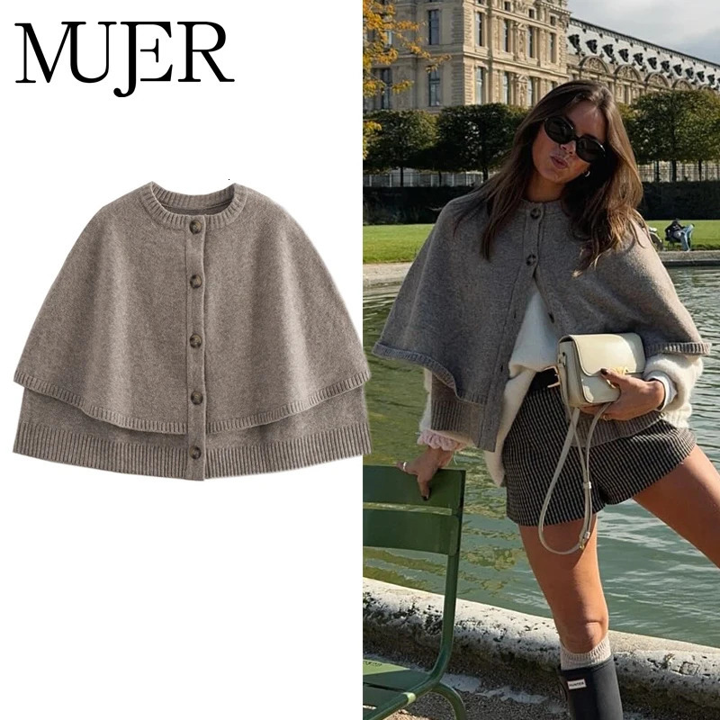 MUJER Knit Cape Cardigan for Women Shawl Winter Coats woman Cropped Coat Ponchos for Women Fashion Outerwear Cloaks of Woman 251029