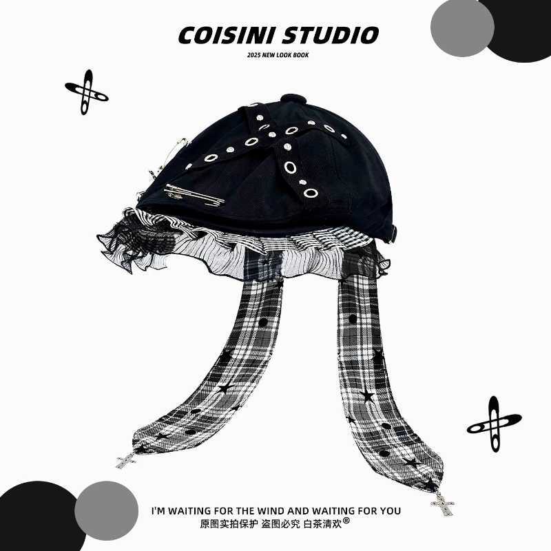 Vantage Punk Style Designer Spice Lace Berets Cap Y2K Spring and Autumn Street Trend Versatile Long Ear Streamer Womens HatsW251029