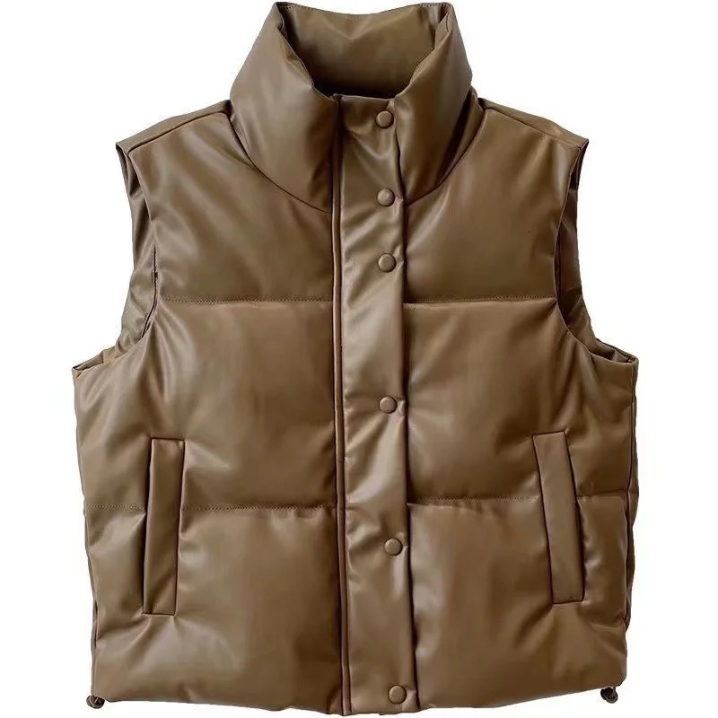 Autumn Winter PU Leather Coat Women Black Stand Collar Vests Women Fashion Zipper Elegant Short Vests Female Ladies 251029
