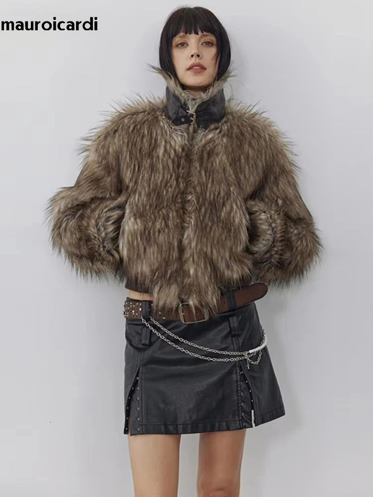 Mauroicardi Spring Winter Cool Short Warm Thick Hairy Shaggy Patchwork Faux Fox Fur Coat Jacket Women Clothes 251029