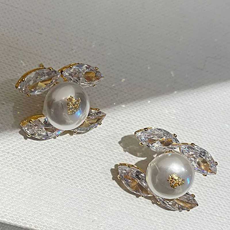 Luxury Micro Zircon Setting Crystal Imitation Pearls Stud Earrings For Women Golden Design Young Girls Party Jewelry GiftW251029