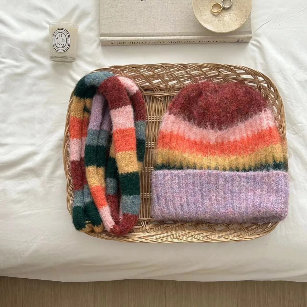 Striped Rainbow Beanies Hat Scarf Two Piece Set For WomenMen Winter Warm Skullis Hats Unisex Outdoor Coldproof SCarf Caps Set 251029